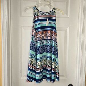 Planet Gold Girl Blue Navy Rugby Combo Multi-Color Keyhole Back Flare Dress Sz S